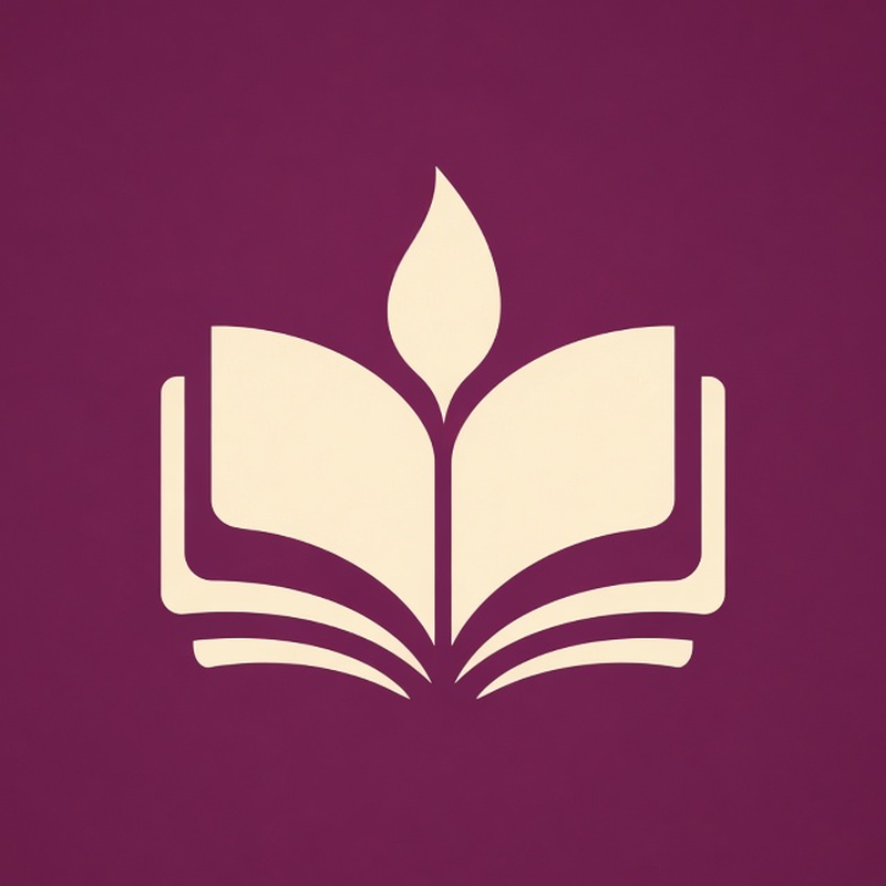 The Book and Me logo: an open book with a flame, cream on plum